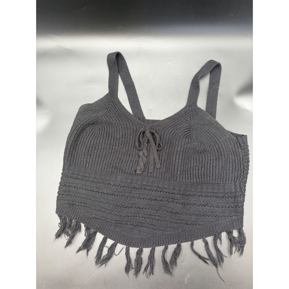 No Boundaries Womens Black Knit Fringe Crop Top Lace Up Cami XXL 19